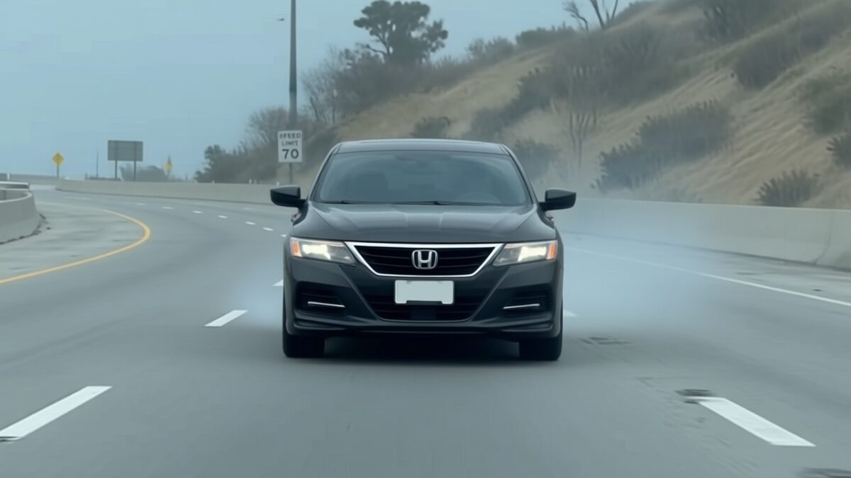Honda Accord surprins pe autostradă rulând pe jantă după ce anvelopa s-a dezintegrat