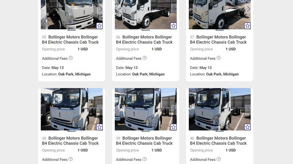Some of the B4 electric trucks that will be auctioned on May 13.