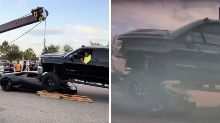 Un Chevrolet Silverado modificat se urcă pe un Lamborghini Huracan într-o parcare