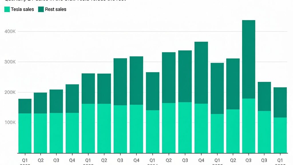 Tesla își crește cota de piață la 54,2% în SUA deși vânzările au scăzut 2 Tesla and overall EV sales in the U.S., displayed quarterly from 2022 through Q1 2026
