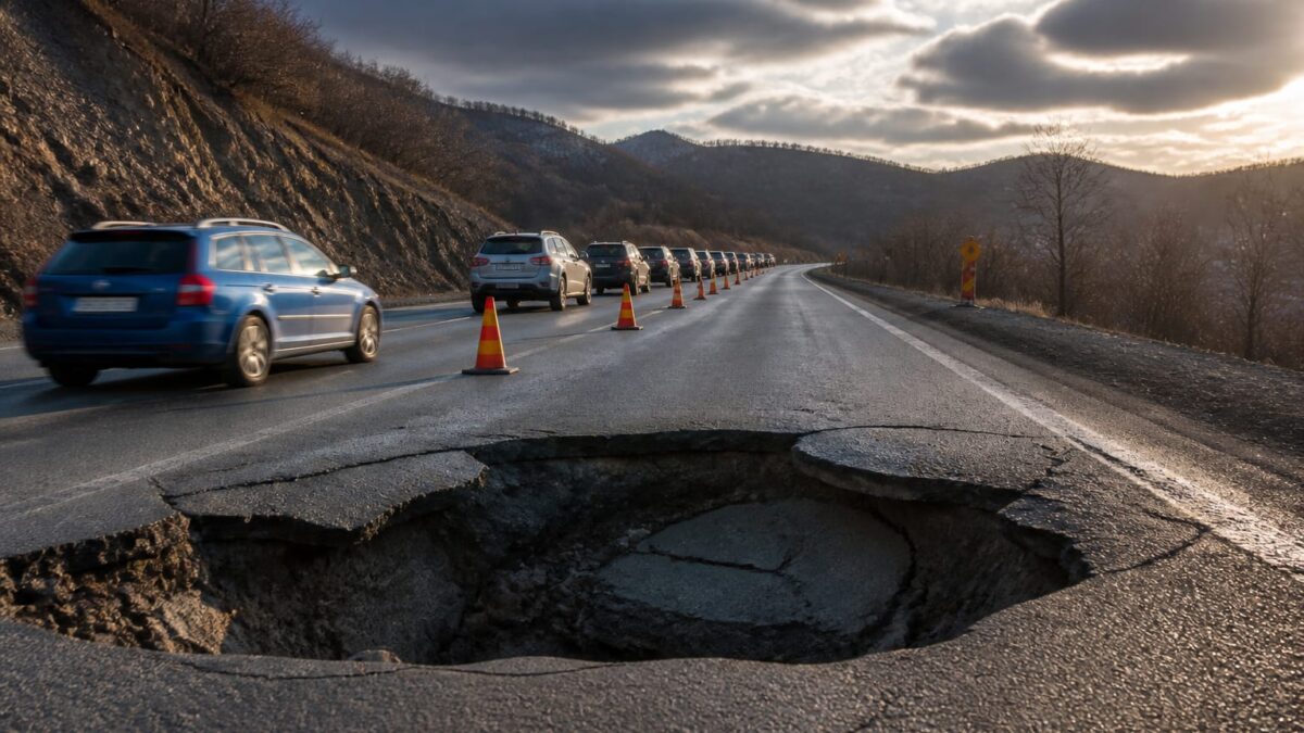 Șoferii pierd și câte două ore pe DN 56A din Mehedinți, din cauza unui crater 1 Șoferii pierd și câte două ore pe DN 56A din Mehedinți, din cauza unui crater