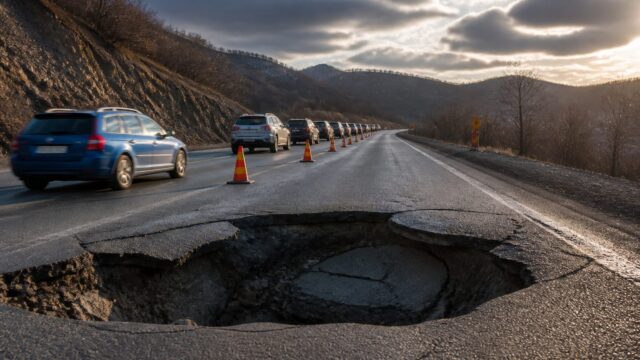 Șoferii pierd și câte două ore pe DN 56A din Mehedinți, din cauza unui crater
