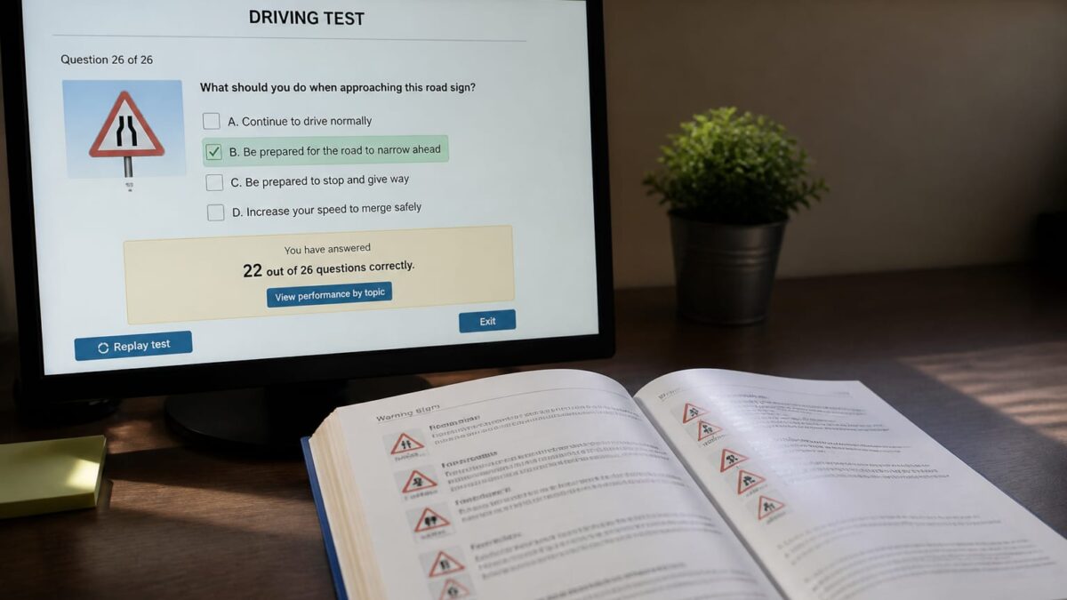 Pregătirea pentru chestionare auto B necesită 22 de răspunsuri corecte din 26 la examen.
