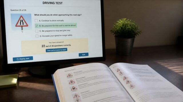 Pregătirea pentru chestionare auto B necesită 22 de răspunsuri corecte din 26 la examen.