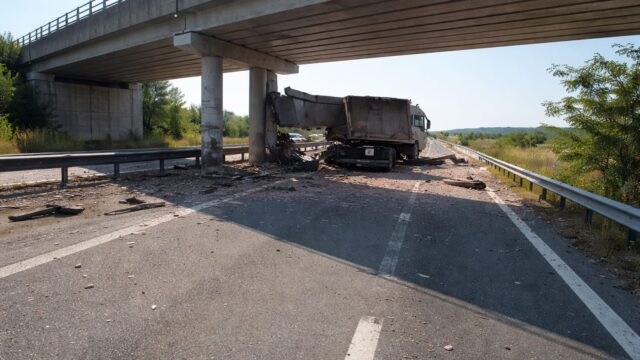 Un TIR încărcat cu carne a intrat într-un picior de pod pe A1, la Uliești 2 Un TIR încărcat cu carne a intrat într-un picior de pod pe A1, la Uliești