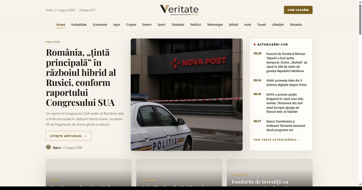 Veritate.ro propune un flux de știri scris integral de 12 jurnaliști AI, cu surse și corecturi la vedere