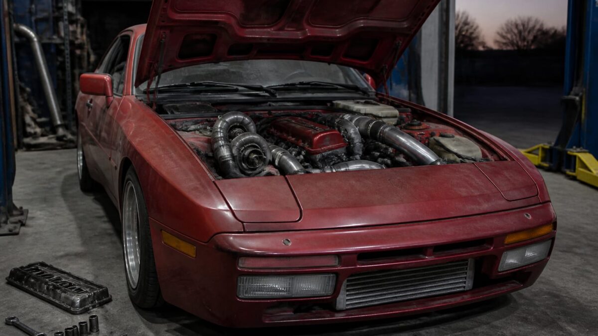 În atelier, după aproximativ un an de lucrări, Porsche-ul 944 al lui Tom Gorelik a ajuns să meargă singur